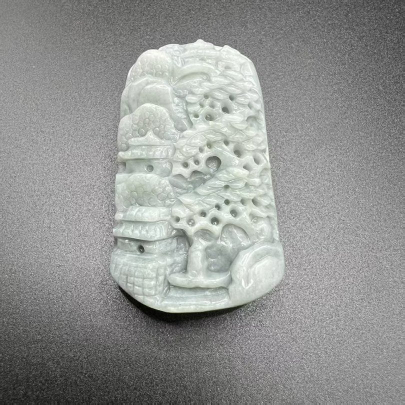 翠雕山水牌吊坠 天然 A 货翡翠镂空山水挂坠