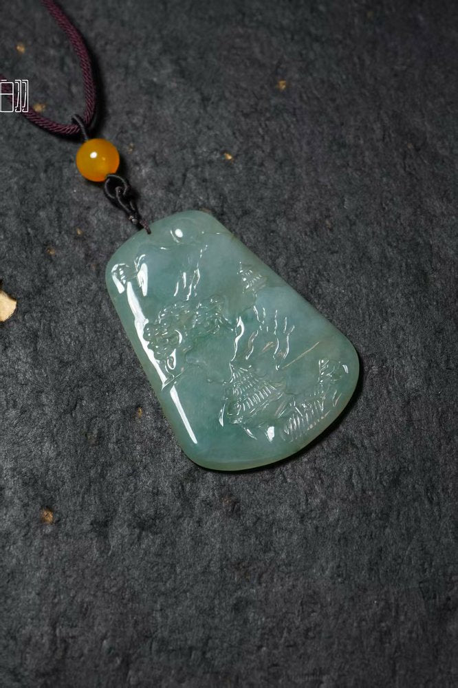 翠亭松月 天然 A 货翡翠山水挂坠