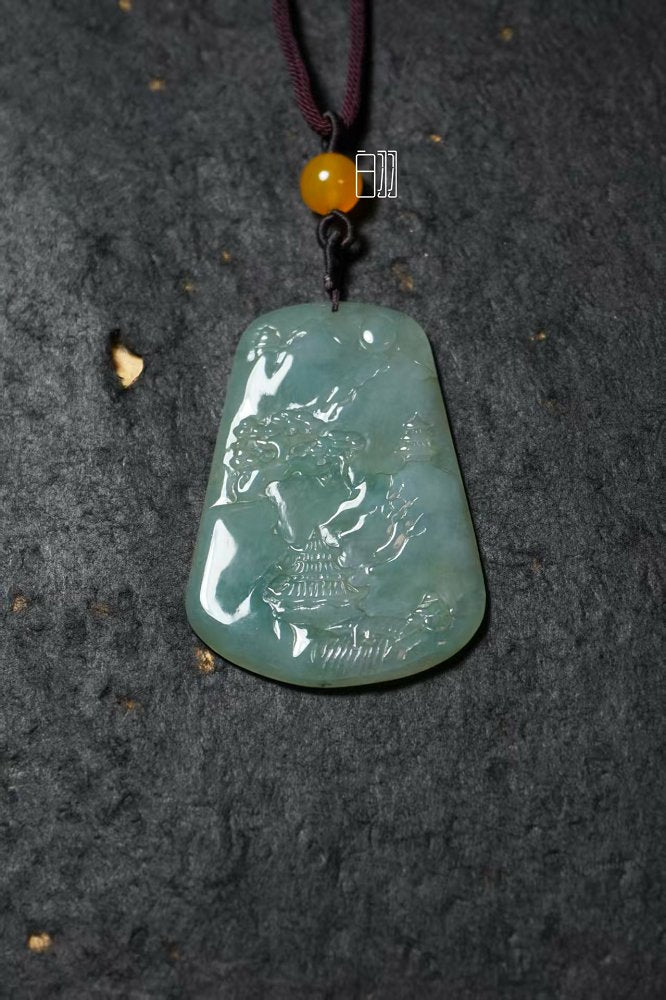 翠亭松月 天然 A 货翡翠山水挂坠