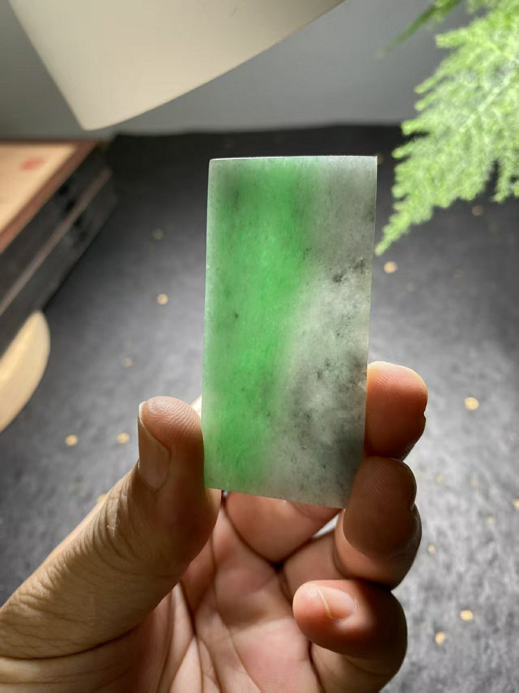 阳绿飘花翡翠方牌料 (单款) 天然 A 货冰种阳绿原石明料