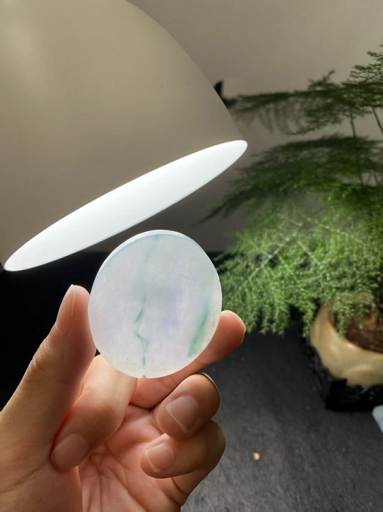 冰底飘蓝花翡翠圆牌料  天然 A 货冰种飘花原石明料