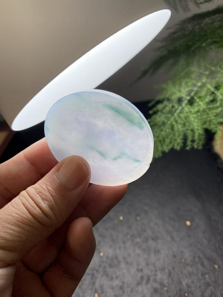 冰底飘蓝花翡翠圆牌料  天然 A 货冰种飘花原石明料