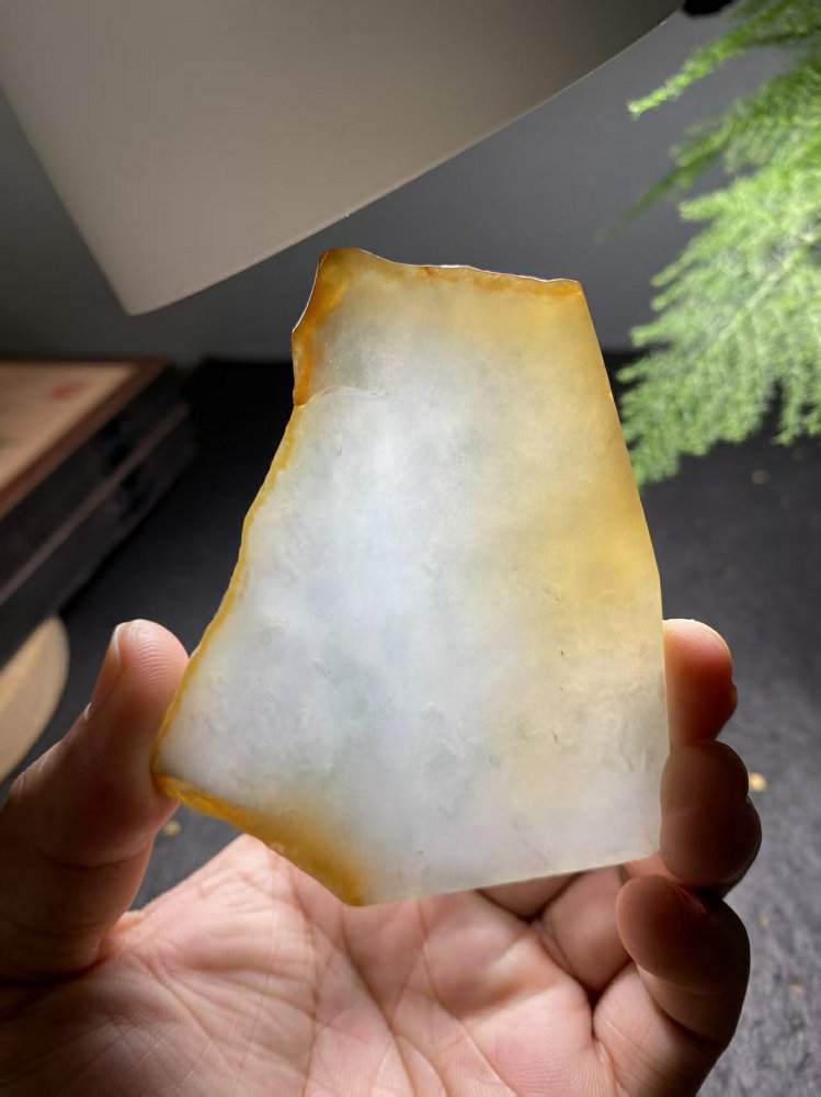 冰种冰白带黄翡翡翠边角料 天然 A 货原石明料