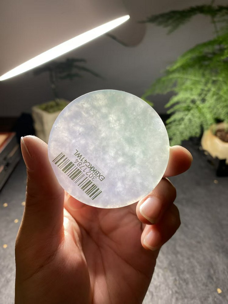 冰种冰白飘淡紫晴水绿翡翠圆牌料 天然 A 货原石明料