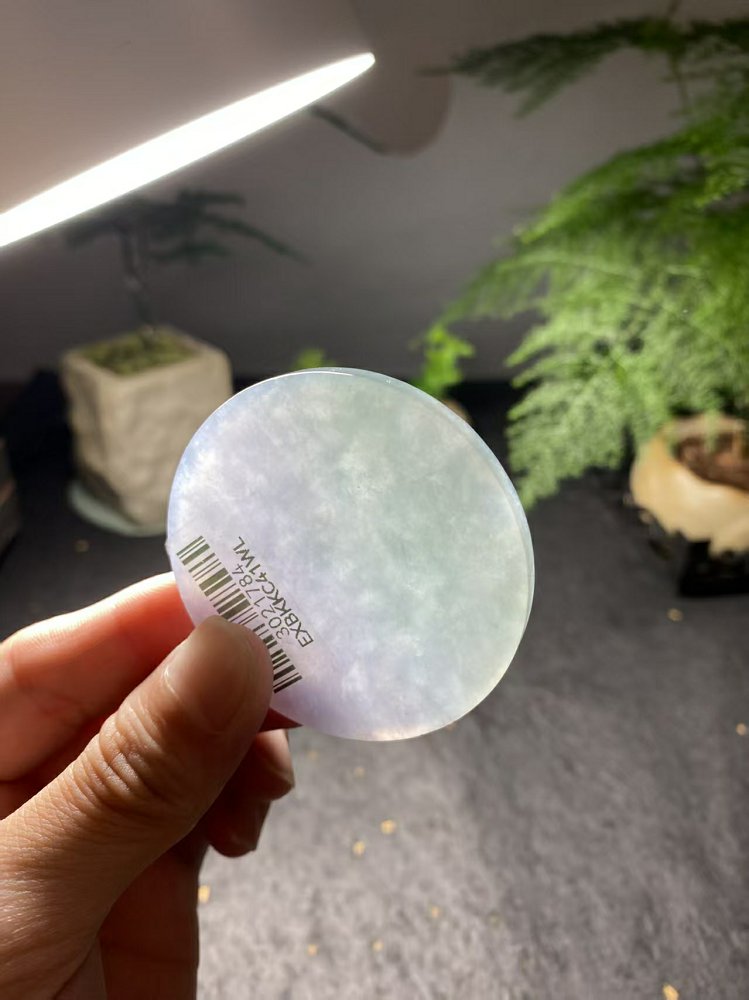 冰种冰白飘淡紫晴水绿翡翠圆牌料 天然 A 货原石明料