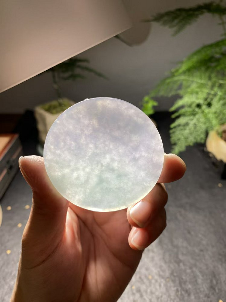 冰种冰白飘淡紫晴水绿翡翠圆牌料 天然 A 货原石明料