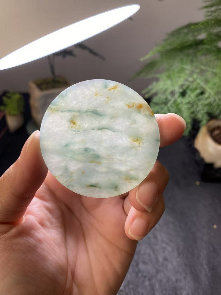 冰种晴水绿飘黄翡翡翠圆牌料 天然 A 货原石明料