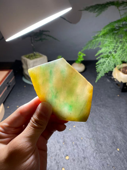 Natural Grade A Ice-Type Jadeite Free-Form Slab - Yellow & Sky-Green Raw Jade