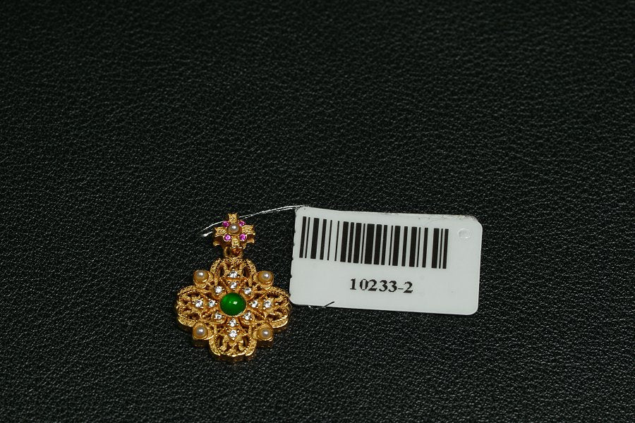 金翠琼花 天然 A 货翡翠冰种阳绿金镶钻珍珠吊坠